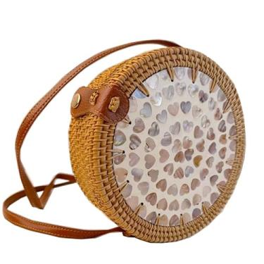 Imagem de Laeuokie Bolsa feminina de palha redonda: Rattan tecido à mão, cesta transversal de vime. Tecido para praia, férias, uso diário., Concha em forma de coração, 7.1" (L) * 3.1" (W) * 7.1" (H), Bolsa de
