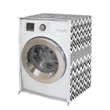 Imagem de Capa para Máquina de Lavar Roupas com Zíper, Estampa ZigZag, Abertura Frontal, Tamanho GG, Preto e Branco