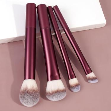 Imagem de Conjunto de pincéis de maquiagem de 4 peças feito de fibras sintéticas macias 100% veganas para blush, contorno e sombra (vermelho)