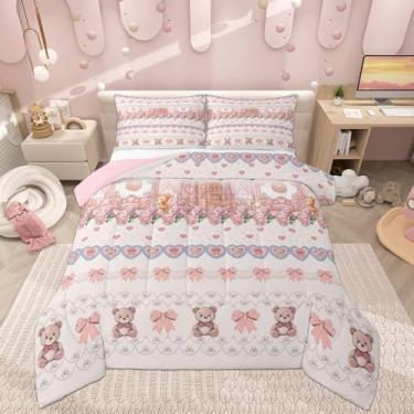 Imagem de Conjunto de edredom kawaii, tamanho casal, feminino, com laço rosa, estilo princesa, reversível, para quarto, com flores em forma de coração, para meninas e adolescentes