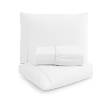 Imagem de Jogo de Lençol Casal 3 Peças 400 Fios Micropercal – Antiácaro, Toque Acetinado, Super Macio, Não dá Bolinha - Lençol com Elástico p/Colchões de até 30 cm + 2 Fronhas Ponto Palito (Branco)