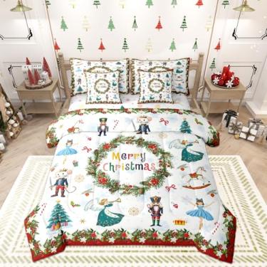 Imagem de Conjunto de edredom infantil Merry Christmas, 7 peças, solteiro, quebra-nozes, soldado, balé, menina, reversível, guirlanda de Natal, flocos de neve, vermelho, xadrez, edredom e fronha