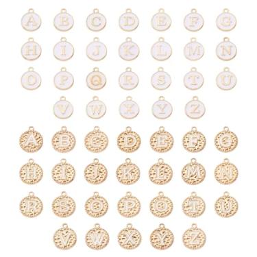 Imagem de Cheriswelry 52 pingentes de letras esmaltadas de liga redonda plana alfabeto A-Z pingentes de metal banhado a ouro pingente de letra 14,5-17,5 mm para pulseira da amizade, colar, brinco para