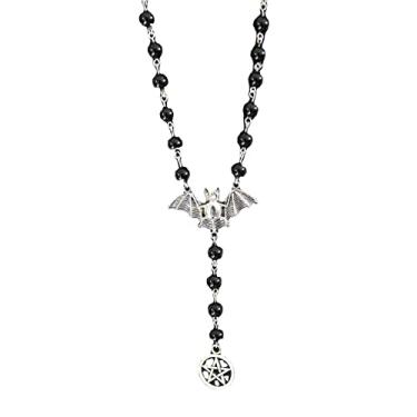 Imagem de JAGTRADE Colar de pentagrama de morcego voador prata colar de rosário preto joia gótica de Halloween joia moderna para mulheres, 60 cm