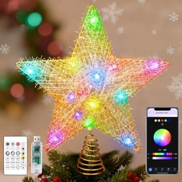 Imagem de Estrela de topo de árvore de Natal, RGB com controle remoto e aplicativo, DIY que muda de cor, alimentada por USB, estrela de árvore iluminada por LED para árvores de Natal (dourado