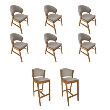 Imagem de Kit 6 Cadeiras De Jantar Debora Madeira Maciça Com 2 Banquetas Ana Cerejeira Premium Linho Bege