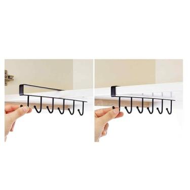 Imagem de Rack de armazenamento sob armário com 6 ganchos para canecas, copos, taças de vinho, utensílios de cozinha, cachecóis e cintos - suporte organizador para pendurar sem broca