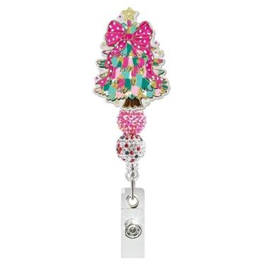 Imagem de Carretel de crachá de árvore de Natal, laço rosa, suporte de crachá de árvore de inverno, retrátil com miçangas, fofo, Natal, acrílico, jacaré, clipe para enfermeiras, presentes de enfermagem