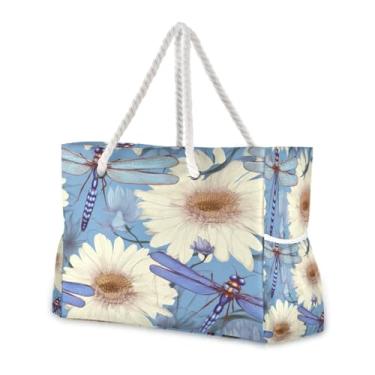 Imagem de Wassud Bolsa de praia com libélulas e margaridas, grande, para mulheres, impermeável, à prova de areia, bolsa de viagem com zíper e bolso para piscina, academia, acampamento