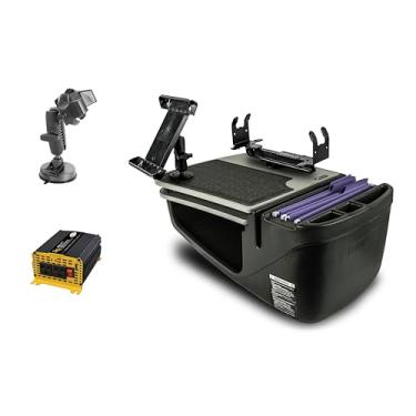 Imagem de AutoExec Mesa de carro GripMaster para sua estação de trabalho de veículo e escritório móvel, cinza, com inversor de potência de 400 watts, suporte para tablet, suporte de impressora e suporte de