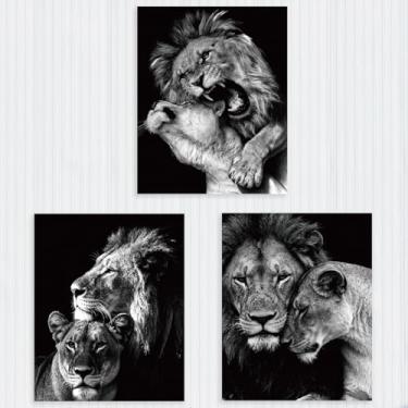 Imagem de 3 peças de pôsteres artísticos de leão, preto e branco, sem moldura, decoração de parede, arte de parede de família de animais, decoração de parede para casa, sala de estar, corredor, quarto