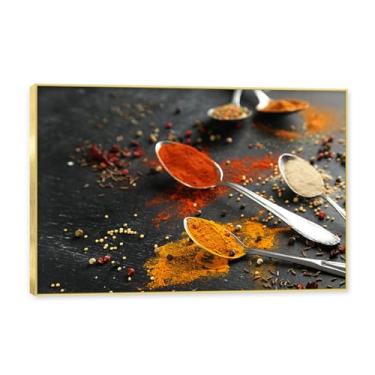 Imagem de Moldura dourada. Arte de parede em tela de especiarias coloridas e colher de tempero | Decoração de cozinha vintage | Arte moderna para casa e sala de jantar. B37. 80 x 120 cm - 31,5 x 47,3 pol