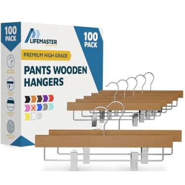 Imagem de Cabides de madeira de cor natural, pacote com 100, cabide de madeira de lótus com clipes antiderrapantes ajustáveis, capacidade de 4,5 kg, gancho giratório de 360°, design fino e econômico para calças