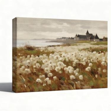 Imagem de Arte de parede em tela de paisagem costeira, prado à beira-mar com flores silvestres brancas, decoração de casa de praia e fazenda, pintura a óleo impressionista para entrada da sala de estar, 20 x 25