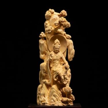Imagem de FENNYYAR Estátua de Buda de Bodhisattva Guanyin esculpida em madeira de buxo, 25 cm 9,8 polegadas, decoração de escritório em casa, ornamento Feng Shui