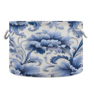 Imagem de Wassud Cesta de armazenamento floral azul com alças cesto de lavanderia caixas de armazenamento redondas de lona cobertor de armazenamento para berçário 50,8 cm x 50,8 cm x 35,5 cm