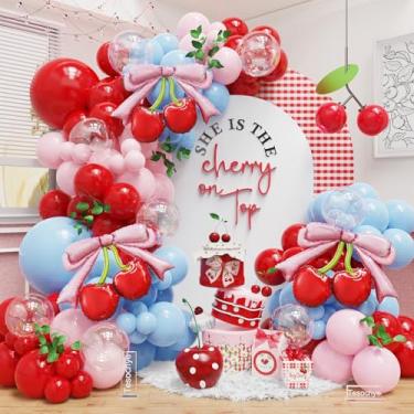 Imagem de Kit de arco de guirlanda de balões de cereja, balões azuis e vermelhos rosa com laço rosa, balões vermelhos de folha de cereja para festa de aniversário, ela é a cereja no topo, chá de bebê, casamento