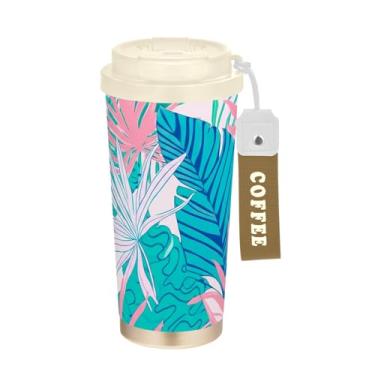 Imagem de TSENQUE Copo de café de viagem 473 ml, copo de café com revestimento cerâmico com tampa e palha, copo isolado a vácuo de aço inoxidável, folhas azul-petróleo rosa tropical