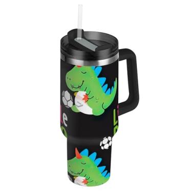 Imagem de Copos de aço inoxidável com tampa e canudos fofo dinossauro verde garrafa de água de futebol preto para copo de carro à prova de vazamento fofo copo de 1,134 g com alça garrafa de água isolada