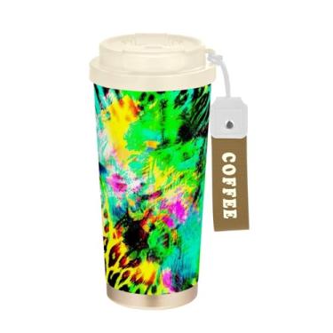 Imagem de Caneca de viagem de café 40 ml com canudo e tampa de filp, canecas de café de parede dupla isoladas a vácuo com revestimento cerâmico, tinta neon com estampas de animais coloridos