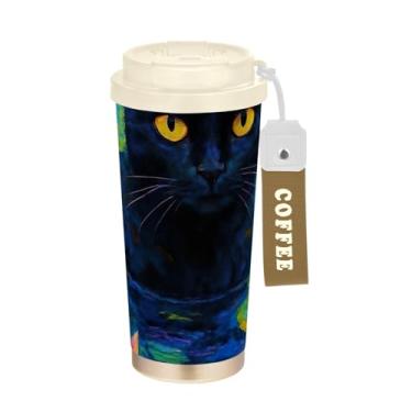 Imagem de Nenúfar de gato preto colorido, caneca de viagem de café 41 onças com canudo e tampa, canecas de café de parede dupla isoladas a vácuo com revestimento cerâmico para escritório, escola, festa