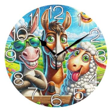 Imagem de GAIGEO Relógio de parede analógico decorativo redondo sem tique-taque silencioso relógio de escritório para sala de aula, decoração de parede retrô moderna art déco, desenho animado fofo burro de