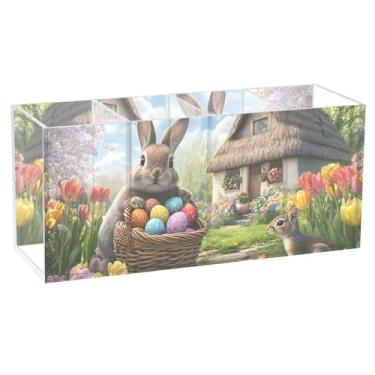 Imagem de TSENQUE Cesto de coelho fofo personalizado, ovos coloridos, porta-canetas de acrílico para mesa, organizador de artigos de papelaria, copos, armazenamento de escritório, decoração de mesa