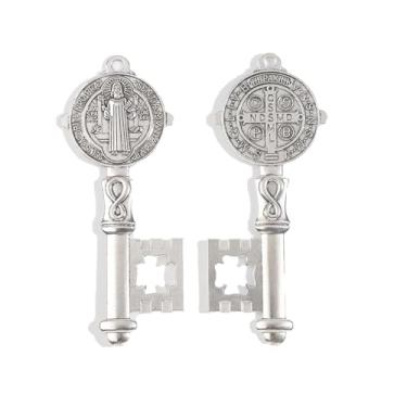 Imagem de Gorgeoos Conjunto de 2 peças prata chave de São Bento dupla face (12 cm × 1,246 cm) medalha católica para batismo/Páscoa/lembrancinhas de festa de aniversário, chaveiro faça você mesmo proteção para