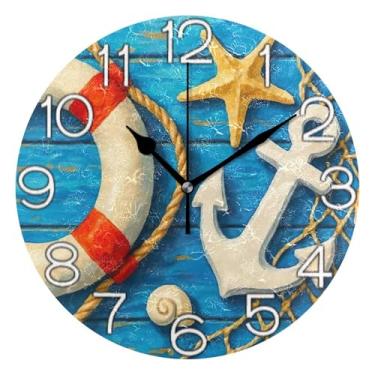 Imagem de GAIGEO Âncora de desenho animado estrela do mar azul relógio de parede analógico decorativo relógio de cozinha rústico funky alimentado por bateria, decoração de parede retrô moderna art déco, 25 cm