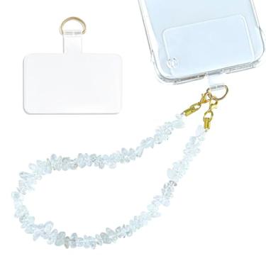 Imagem de Seople Amuleto de telefone de cura com contas de pedra natural, destacável, antirroubo, chaveiro de celular com alça de pulso com aba de corda (branco)