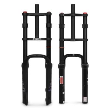 Imagem de BUCKLOS Garfo de suspensão a ar para bicicleta elétrica de pneu gordo de 50,8 x 10,2 cm, 180 mm, QR 9 x 135 mm, tubo reto de 1 1/8 MTB, coroa dupla, garfos dianteiros, freio a disco para bicicleta