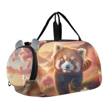 Imagem de Bolsa esportiva para meninos, raposa, guaxinim, aconchegante, noite, fim de semana, bolsas de viagem para academia, bagagem infantil, Sonho de flor de cerejeira panda vermelho, Clássico