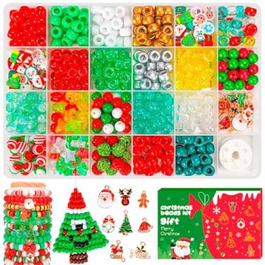 Imagem de 500 contas de Natal para pulseiras, kit de contas coloridas com flocos de neve de árvore de Natal, presentes variados de contas vermelhas e verdes para fazer joias DIY