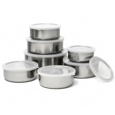 Imagem de Conjunto de 5 Potes em Aço Inox com Tampa, Tigelas de Cozinha para Armazenamento e Servir, Empilháveis