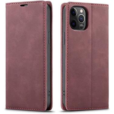 Imagem de HAZELS Coldre de capa de telefone fólio de couro PU retrô, carteira magnética [suporte de cartão] para Apple iPhone 14 Pro Max Case 2022 [Suporte] (Cor: Vermelho)