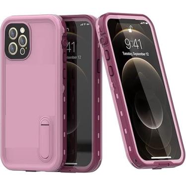 Imagem de KKFAUS Capa magnética compatível com iPhone 12 Pro Max MagSafe, capa à prova d'água IP68 capa protetora à prova de choque com suporte embutido para iPhone 12 Pro Max 6,7 polegadas (cor: rosa)