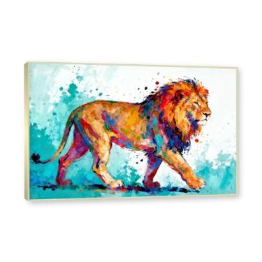 Imagem de NHLDZYH Moldura dourada. Pintura salpicada de leão pintura em tela abstrata arte animal mural vívido chama a atenção para sala de estar decoração moderna para casa. A57. 80 x 120 cm.