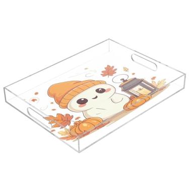 Imagem de xigua Bandeja de servir de acrílico fantasma de Halloween com alças à prova de derramamento, bandejas decorativas de festa de Halloween, bandeja organizadora de bancada para banheiro, cozinha, 30,5 x
