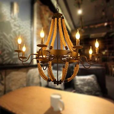 Imagem de Luminária pendente vintage em corda de cânhamo E14, estilo rústico industrial, com altura ajustável, ideal para mesa de jantar, sala de estar, bar ou cafeteria. Possui 8 lâmpadas.