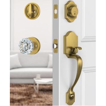 Imagem de Calzibeno Conjunto de maçanetas e fechaduras de latão antigo, conjunto de fechadura frontal com maçaneta de vidro cristal, conjunto de fechadura externa com cilindro único, reversível para direita e