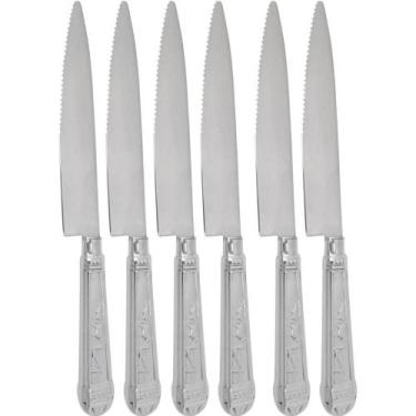 Imagem de Jogo 6 Facas Mesa Churrasco Aço Inox 24cm Modelo Prateada Serrilhada -