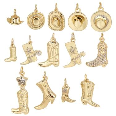 Imagem de PH PandaHall Pingentes de cowgirl ocidentais banhados a ouro 18K, 14 peças de joias de zircônia cúbica de latão, chapéus, botas, pingentes, para colares, pulseiras, brincos, fabricação de joias