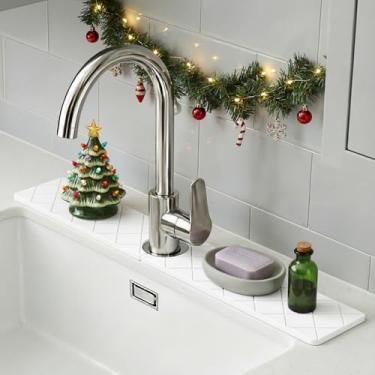 Imagem de Bandeja de secagem de pedra para pia de banheiro e torneira de cozinha, tapete de absorção ultrarrápida terra de diatomáceas, 2 peças juntas (59,9 cm x 9,9 cm) com um pano, presente elegante para casa