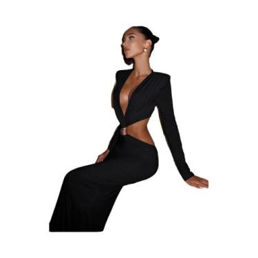 Imagem de Vestido Maxi Elegante Com Decote Em V, Sem Cintura, Manga Longa, Estil