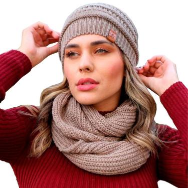 Imagem de Touca feminina masculina lã e cachecol gola tricot frio kit-Unissex