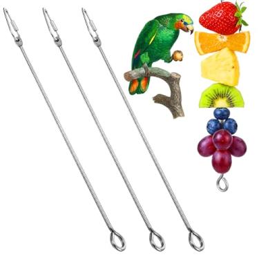 Imagem de 3 peças de suporte de comida para gaiola de pássaros com gancho, espetos de comida de pássaros de aço inoxidável de 26 cm, suporte de frutas e vegetais para papagaio, arara, periquito e periquito