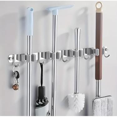 Imagem de Suporte de Parede Organizador com 5 Ganchos Resistentes, Aço Inoxidável, Sistema Antiderrapante, para Vassouras e Utensílios, Kit de Montagem Incluído