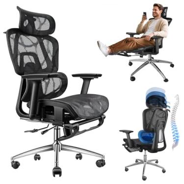 Imagem de Cadeira ergonomica com apoio para os pés, Encosto Ajustável em 145°, Apoio Lombar Ajustável, Apoios de Braços e Cabeça 3D, Capacidade de Carga 150KG, Cadeira de Trabalho Giratória com Rodas