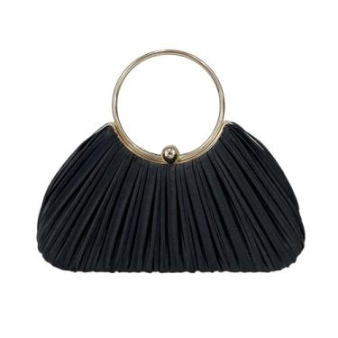 Imagem de Bolsa feminina plissada para noite - elegante bolsa de mão com alça de anel, bolsa de festa formal para gala de formatura de casamento (preto), Preto
