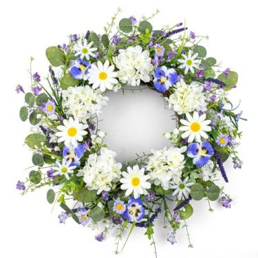 Imagem de DIYFLORU Guirlanda de porta de mola de 56 cm com flor branca